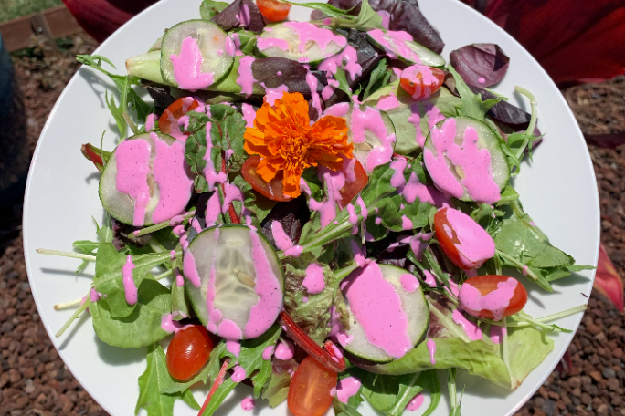 a plate of food that is on a flower